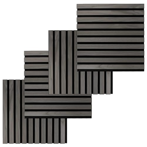 PROVISTON Lot de 4 panneaux muraux acoustiques 3D - 400 x 400 x 21 mm - Lamelles en bois MDF plaquées - Couleur chêne foncé - Dessous en feutre comme matériau de support