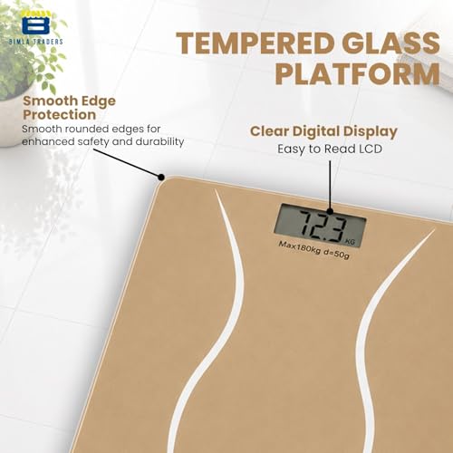 Image of Btag Premium Digital Body Weight Scale | 26x26 cm Wide Platform | Clear LCD Display | Anti-Skid Base | 180 kg Capacity S-Shape Design (Camel)