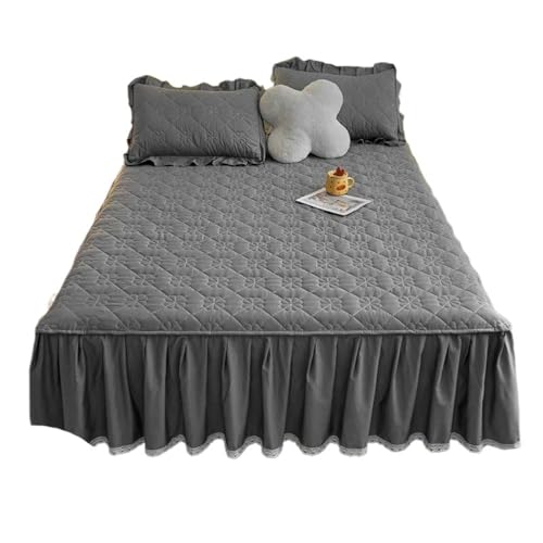 Cubre Canape Falda de Cama algodón Aterciopelado, Pieza única, Antideslizante, Color Puro, Universal, for Todas Las Estaciones, tamaño Queen(Dark Gray [Bed Skirt+Two Pillowcases],150 * 190cm)