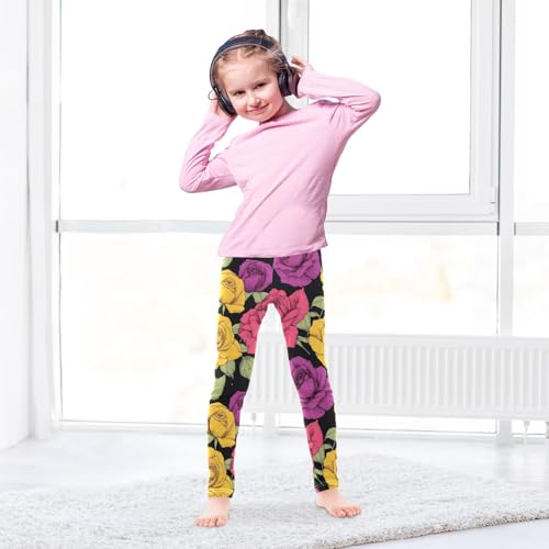 Colorful Roses Girls Leggings Ultra Soft Compression Yoga Gym Pants for Kids 4-10T4
