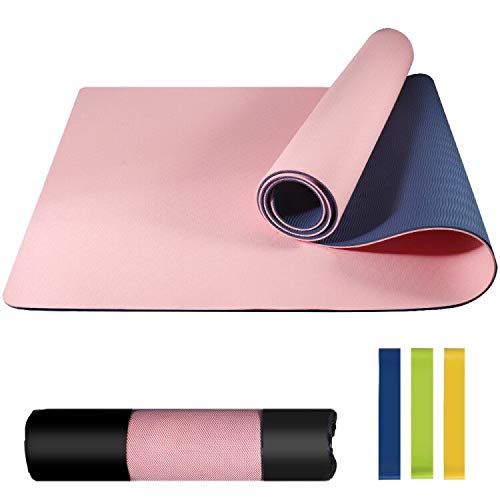 NAFFIC Esterilla Yoga, Alfombrilla de Yoga Texturizada Antideslizante 3*Banda de Resistencia,1* Correa de Transporte para Ejercicios para Yoga, Pilates y Ejercicios de Piso 183x61x0.6 cm (Rosa-Azul)