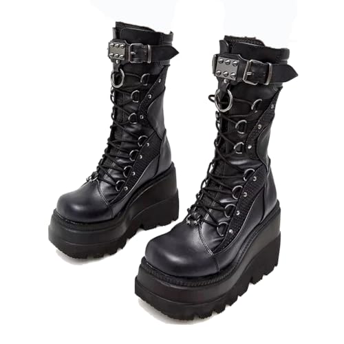 Women's Goth Punk Platform Boots Chunky Heel Work Combat Boots Fashion Lace-Up Round Toe Mid Calf Motorcycle Boot
