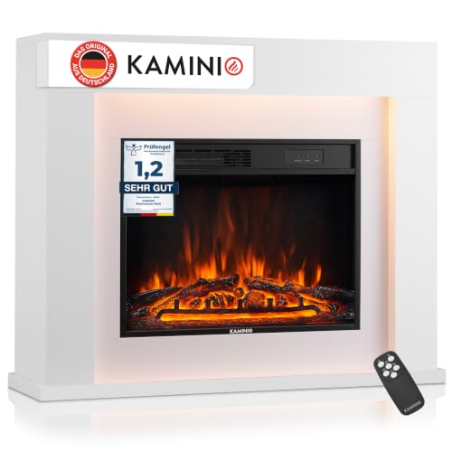 KAMINIO Elektrokamin Matti - Elektrischer Standkamin mit Heizung 3D-Flammeneffekt LED-Ambientelicht Thermostat Timer Fernbedienung - 38 Zoll (Weiß)