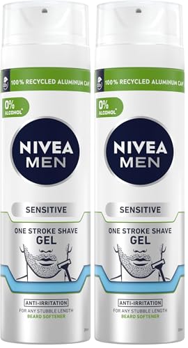 Image of NIVEA MEN Sensitive One Stroke Shaving Gel (200ml) With Chamomile Extract + Vitamin E, Beard Softener for Men, Pack of 2
