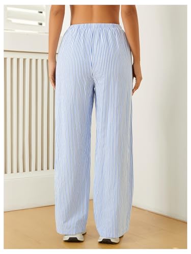 Women's Striped Print Straight Wide Leg Linen Pants Drawstring Waist Slant Pockets Pants Casual Long Pants3