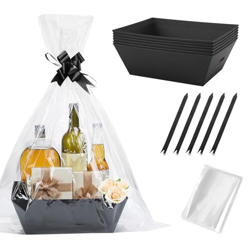 Beeplove 6 Sets Large Thick Kraft Baskets for Gifts Empty - Gift Baskets Empty Kit with Cellophane Wrap and Pull Bows for Wedding Birthday Bridesmaid Baby Shower Black