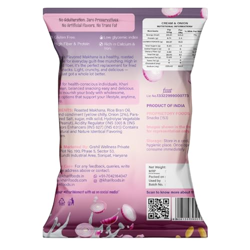 Image of Khari Foods Premium Flavoured Makhana 25g, Crunchy & Roasted Makhana Pops, Protein Source, Fibre Rich, No Palm Oil, Gluten Free (Cream & Onion Pack 4)