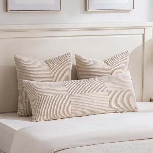 Image of Fancy Homi 2 Packs Tan Big Decorative Throw Pillow Covers 24x24 Inch for Living Room Couch Bed Sofa, Farmhouse Boho Home Decor, Soft Corss Corduroy Patchwork Accent Square Beige Cushion Case 60x60 cm