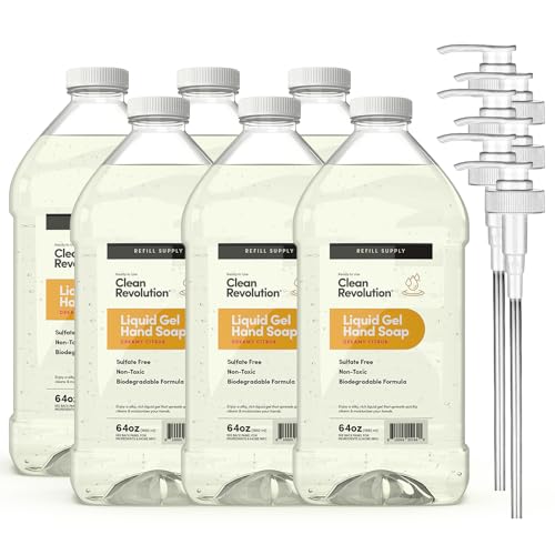 Image of Clean Revolution Liquid Gel Hand Soap Refill with Real Essential Oils - Sulfate-Free Gel Hand Wash, Moisturizing Bulk Refill, Non-Toxic Formula (Dreamy Citrus) 64oz, 6-Pack with Pumps