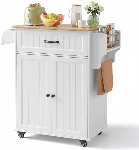 Bealife Kitchen Island on Wheels, Kitchen Trolley with 1 Drawer, Adjustable Shelf, Towel Rack, for Dining Room, Living Room, 84 × 45 × 85 cm (White)