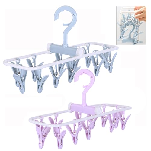 Image of Clothes Drying Racks 2 Pack Small Folding Portable Underwear Hangers with Clips Socks 12 Clips 360° Rotatable Hook for Drying Towels Bras Baby Clothes Gloves Plast