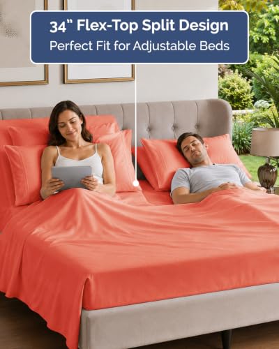 Image of Flex Top Split Head King 6 Piece Sheet Set - Breathable & Cooling - Coral