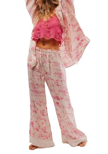 Womens Y2k Silk Pajama Sets Floral Print Long Sleeve Button Down Shirts Wide Leg Pants 2 Piece Lounge Sets (Pink, L)