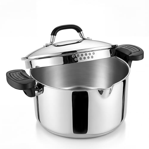 E-far Pasta Pot with Strainer Lid, 6 Quart Tri-Ply Stainless Steel Stock Pot & Push and Lock Handles, Non-toxic Multipurpose Cooking Pot for All Cooktops, Heavy Duty & Dishwasher Safe