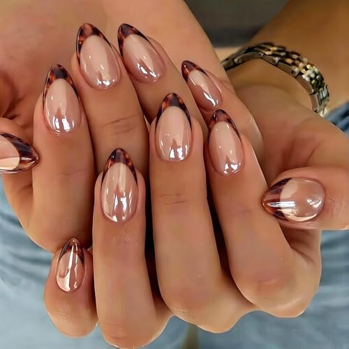 KQueenest Chrome Brown French Tip Press On Nails Short Almond 30 Pcs Glazed Amber Tortoise Shell Fake Nails Press ons With Mirror Effect Reusable Long-Lasting Glue on Nails with Glue for Women