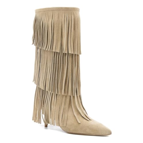 MAVMAX Fringe Knee High Cowgirl Boots Suede Tassel Kitten Heel Boots Western Pointed Toe Boot for Women