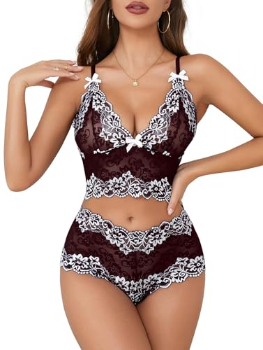 Image of Lilosy Sexy Lingerie for Women Lace Pajamas Set Cami Bra and Panty High Waist Sheer Sleepwear 2 Piece 2XS-6XL
