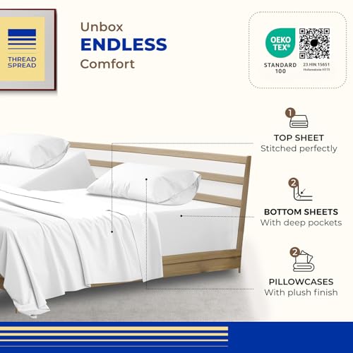 Image of THREAD SPREAD Split King Sheet Set, Luxury 1000 Series Paradise Collection 100% Egyptian Cotton Split King Sheets Sets for Adjustable Bed (5 PC, White), Soft, 16 inch Deep Pocket Hotel Sheets