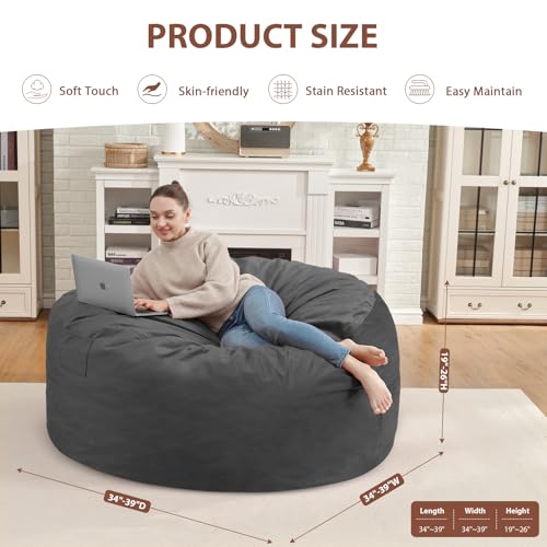 3FT Bean Bag Chair, Comfy Bean Bag Chairs with Memory Foam Filled, Fluffy Beanbag Sofa with Dutch Velvet Cover, Round BeanBag Chairs for Living Room, Playroom- Grey