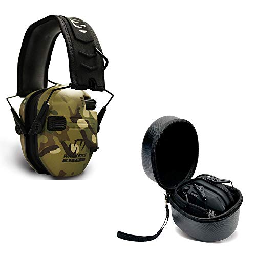 Walker's Razor Slim Shooter Multi-Camo Electronic Hunting Folding Hearing Protection Earmuffs w/ 23dB Noise Reduction & Black Shockproof Carrying Case - Walker's