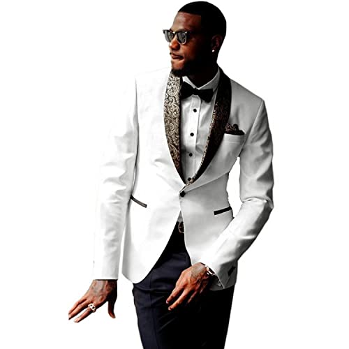 Man Suit Premium Formal Jacquard Gold Paisley Floral Pattern Shawl Lapel Slim Fit Tuxedo White Prom Wedding Groom Suits