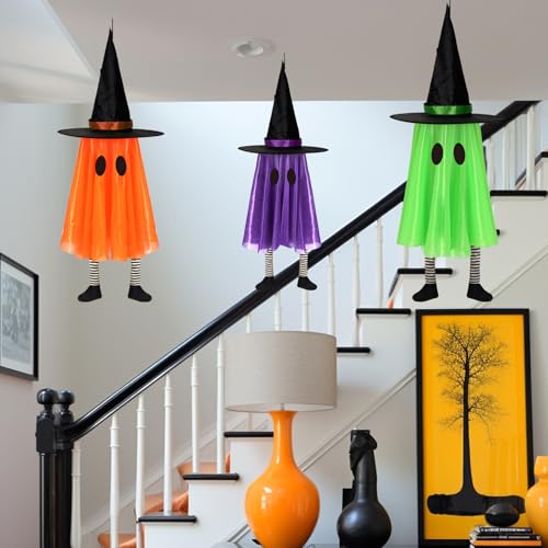 DAZONGE Halloween Decorations Outdoor, 3 Packs Hanging Ghost Halloween Decor with String Lights Battery Operated, Ghost Decor with with Hat for Home Yard Porch の商品画像 3