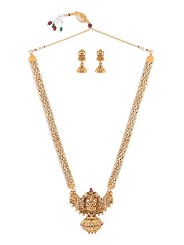 ZAVERI PEARLS Antique Gold Tone Bridal Collection Long Temple Necklace & Earring Set For Women-ZPFK10178