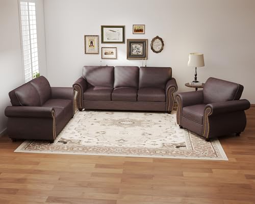 88’’ Rivet Couch,Living Room Sets,Mid-Century Couch, Solid Wooden Frame for Living Room,Upholstered Sofa (Brown, Single+Loveseat+3 Seater)