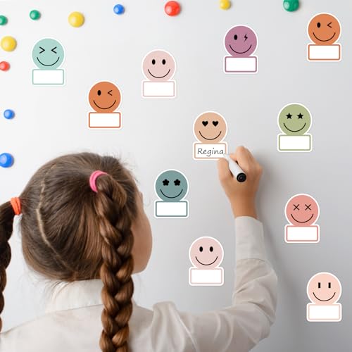 Image of Whaline 135Pcs Boho Smile Face Name Tag Stickers 9 Designs Nameplate Decals Cute Classroom Bulletin Board Labels for Back to School Student Desk Office Wall Decor
