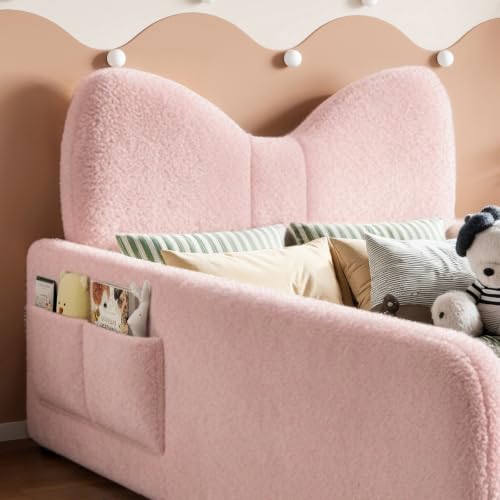 Image of Twin Size Kids Bed with Bow-Shaped Headboard, Upholstered Teddy Fabric Twin Daybed with Slats Support & Side Pockets, Space-Saving Wooden Corner Sofa Couch Bed Frame for Girls, Boys, Teenager(Pink)