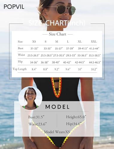Image of popvil Women One Piece Swimsuit Deep V Neck Neon Cute Bathing Suit | Neon Contrast Trim, Adjustable Straps, Cutout, Soft Stretch Fabric, Back Tie, Quick-drying, Beach, pool, cruise vacation