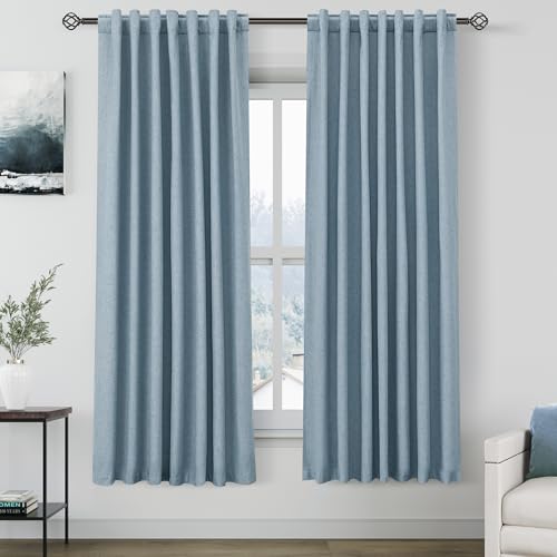 Image of Nanspring Blue 100% Blackout Linen Curtains for Bedroom 72 Inches Long Back Tab Thermal Insulated Luxury Modern Farmhouse Decor Black Out Curtain for Living Room Dining Room Drapes 52x72, 2 Panels