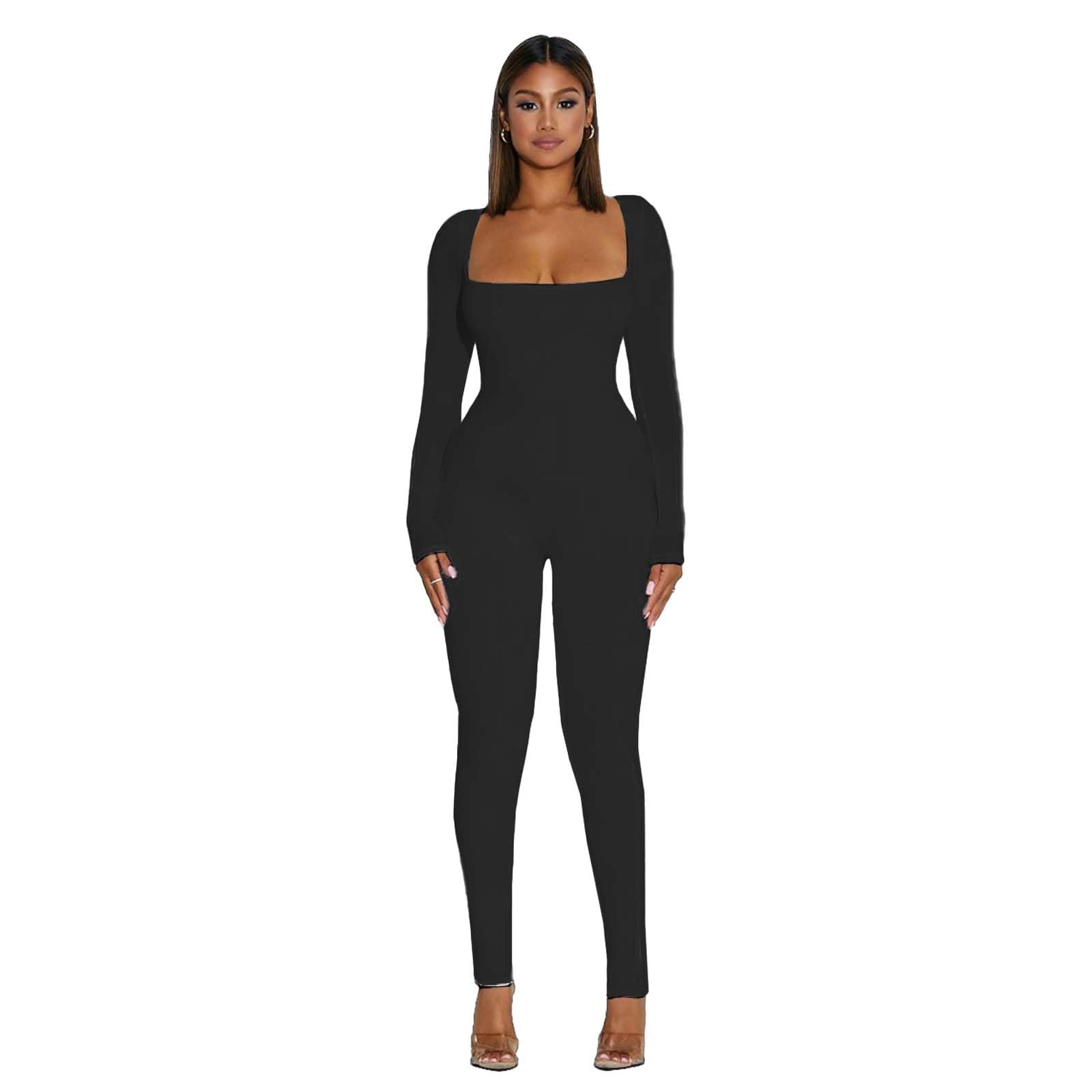 Hanaoops Mono Deportivo Mujer Manga Larga Ajustado Sexy Cuello Cuadrado Elástico Jumpsuit para Fitness Yoga Danza