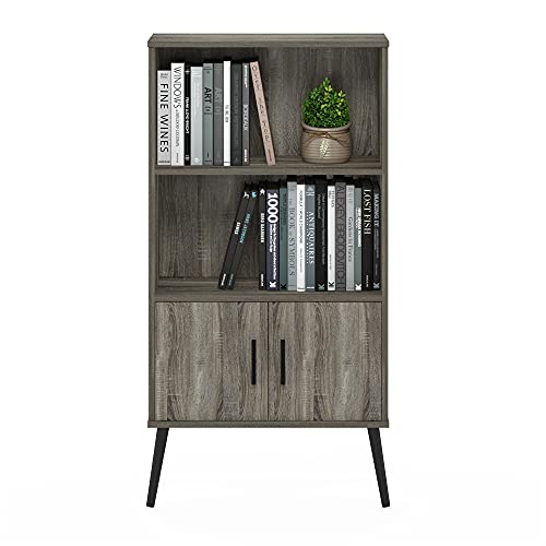 Furinno Claude Mid Century Style Accent Wooden Leg Bookcase Cabinet With Storage Organizer Shelves, French Oak Grey #TOP3