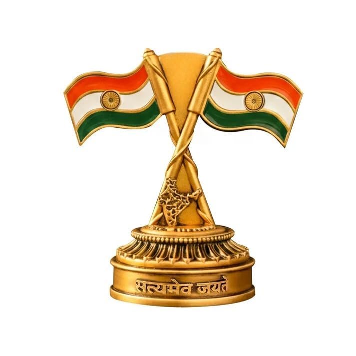 Artarium Dual Indian Tricolor Flag for Car Dashboard Patriotic Symbol, Office Table, Flag for Study Table - Golden Finish-image-2