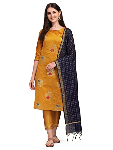 Image of VredeVogel Cotton Silk Blend Straight Embroidery Kurta Pant and Dupatta Set for Women