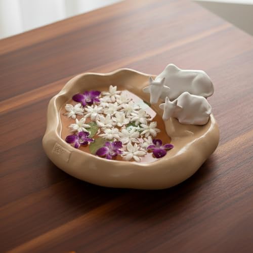 Image of eCraftIndia Pair of Cow Statue Urli Bowl for Home Decoration Office Tv Unit (Resin Light Brown) Showpiece for Good Luck Urli for Floating Candles Flowers.