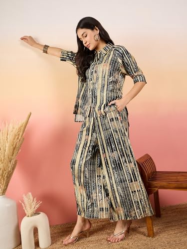 Image of Modeve Women Shirt Palazzo Foil Print Co-Ord Set