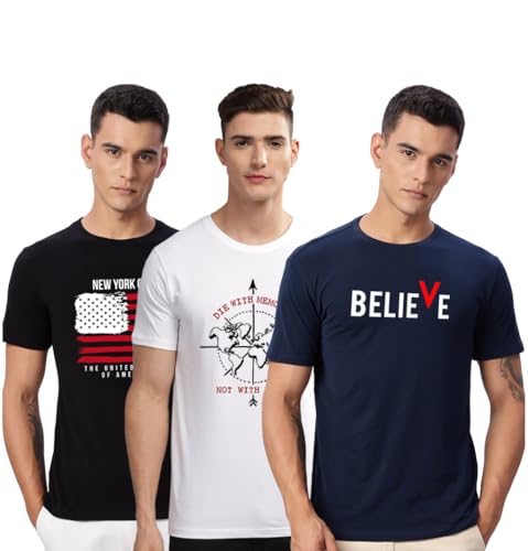 Image of ADRO 100% Cotton Lycra Tshirts for Men Combo Pack of 3 | Regular Fit | Printed T Shirt | Round Neck Half Sleeve| Mens Tshirts