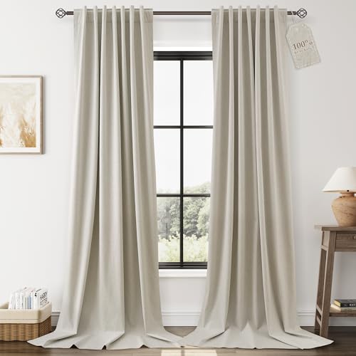 Image of Light Beige 100% Blackout Linen Curtains 102 Inches Long for Bedroom Back Tab Room Darkening Black Out Curtain Modern Farmhouse Decor Neutral Luxury Drapes for Living Room Dinner Room 52x102,2 Panels