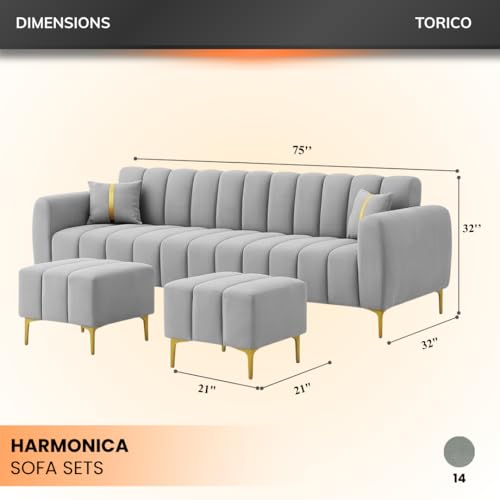 Image of Harmonica 3 Seater Modular L Shape Sofa Set with 2 Ottoman| Soft Velvet Upholstery, Sturdy Wooden Frame | Modern Sofa for Living Room, Hall & Office Spaces (Light Grey)