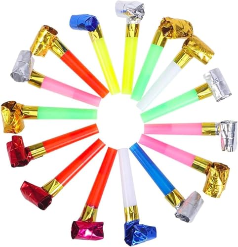20 Party Blowers - 8cm Multi-Colour Whistles Foil Blowouts Hen Parties and Stag Dos (Party Blowers 20 Count)