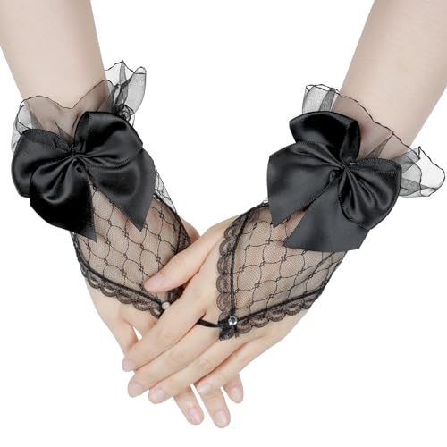 Yolev Damen Spitzenhandschuhe Kurze Schwarz Teeparty Kurz Fingerless Netzhandschuhe Schwarz Schleife Braut Ausgefallene Halloween 80er Jahre Fingerlose Handschuhe Damen Hochzeit Cosplay