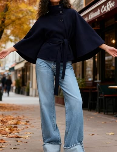 Hooever Women Batwing Sleeve Ponchos Pea Coat Wool Bland Stand Collar Jacket Winter Cropped Overcoat2