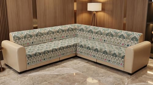 Image of Luxury Sofa Cover L Shape 6 Seater with Matching Cushion Cover 16x16 inch - Emerald Paisley Royal 3+3 Seater (6 Seater) Quilted Sofa Cover Set Pack of 11, Washable, Emerald Teal