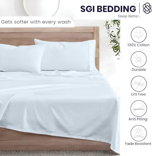 Image of SGI bedding Queen Bed Sheets Set - Premium 600 TC Egyptian Cotton, Crisp Cooling Sateen Weave, Extra Soft Hotel Collection, Fits Mattresses Up to 16 Inch Deep, Breathable Long Lasting - Light Blue