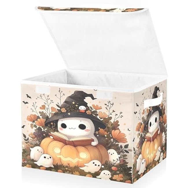 Halloween Cute Ghosts Storage Box with Lid and Handles Large Collapsible Fabric Storage Basket Shelf Closet Organizer Bin Holiday Gift Box for Home Bedroom Office