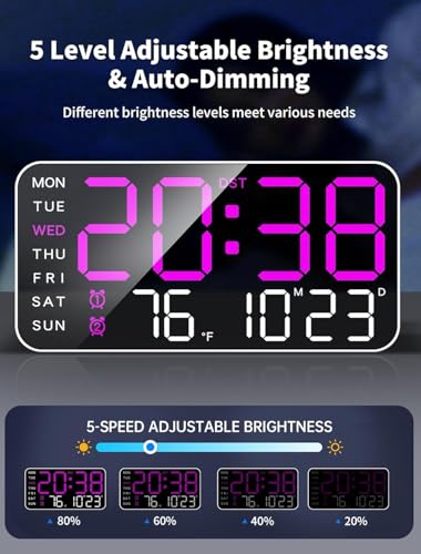 Image of EASEPRES Digital Wall Clock 9 inch LED Large Display, Electronic Wall Mounted & Desk Clock, Day Date Temperature Dual Alarm, 5-Level Adjustable Brightness, USB Powered for Bedroom Office Home (Purple)
