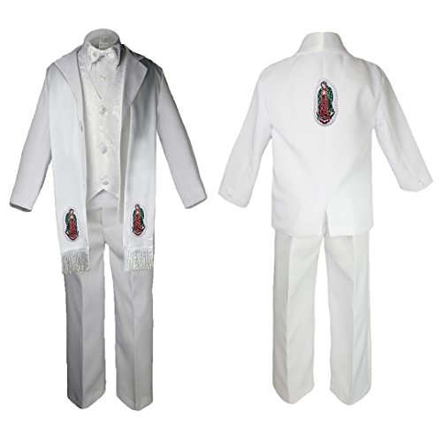 Image of Baby Boy Christening Paisley Suit Silver Guadalupe Maria on Stole & Back SM-20