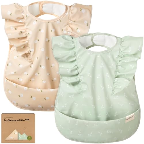 Image of KeaBabies Waterproof Bibs for Baby Girl,Boy – 2-Pack Lightweight, Large Baby Bibs for Eating, Wearable Food Catcher, 6-12 Months Infant Feeding Essentials, Smock for Toddlers 1-3, Kids (Bloom)